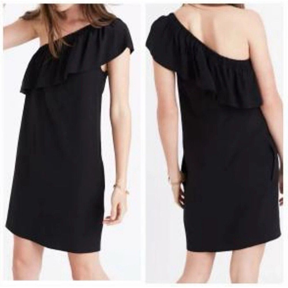 Madewell One Shoulder Ruffled 100% Silk Black Mini Dress Lined Pockets Size 4